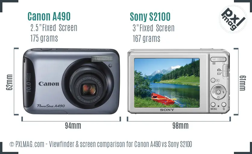 Canon A490 vs Sony S2100 Screen and Viewfinder comparison
