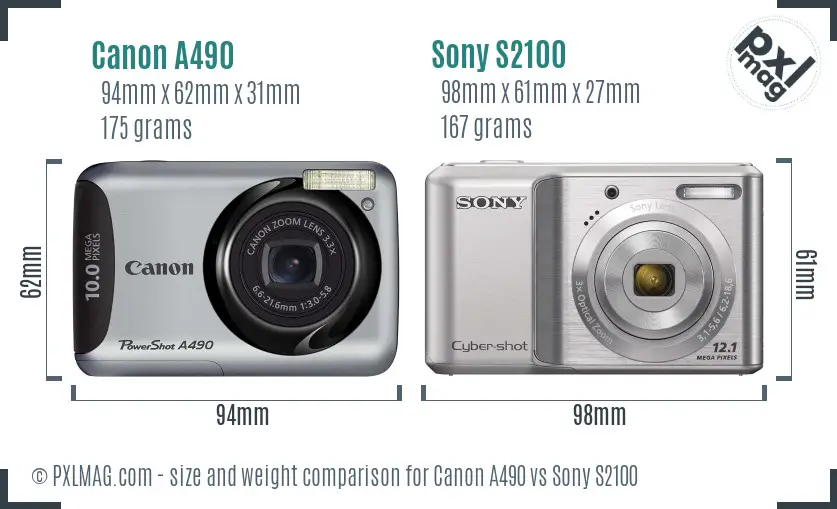 Canon A490 vs Sony S2100 size comparison