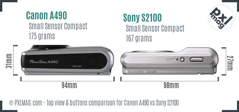 Canon A490 vs Sony S2100 top view buttons comparison