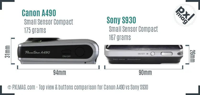 Canon A490 vs Sony S930 top view buttons comparison Canon A490 vs Sony S930 top view buttons comparison