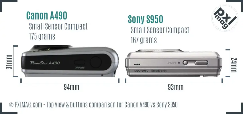 Canon A490 vs Sony S950 top view buttons comparison