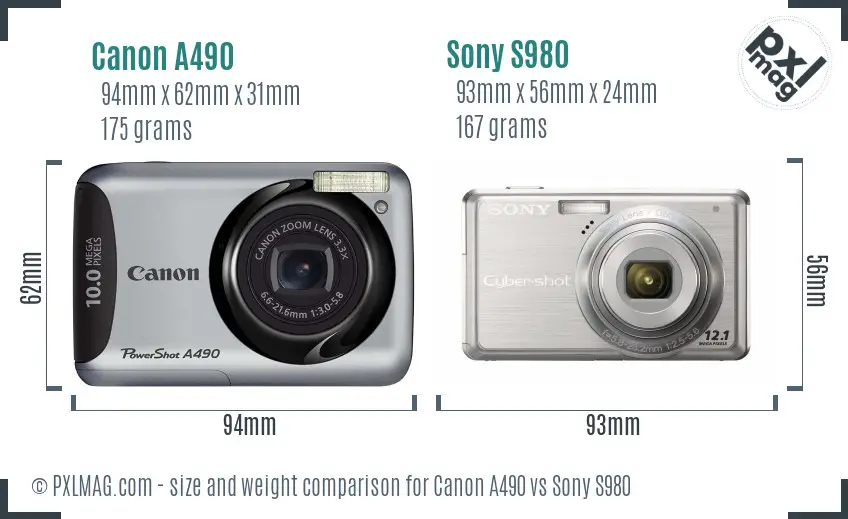 Canon A490 vs Sony S980 size comparison