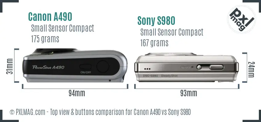 Canon A490 vs Sony S980 top view buttons comparison