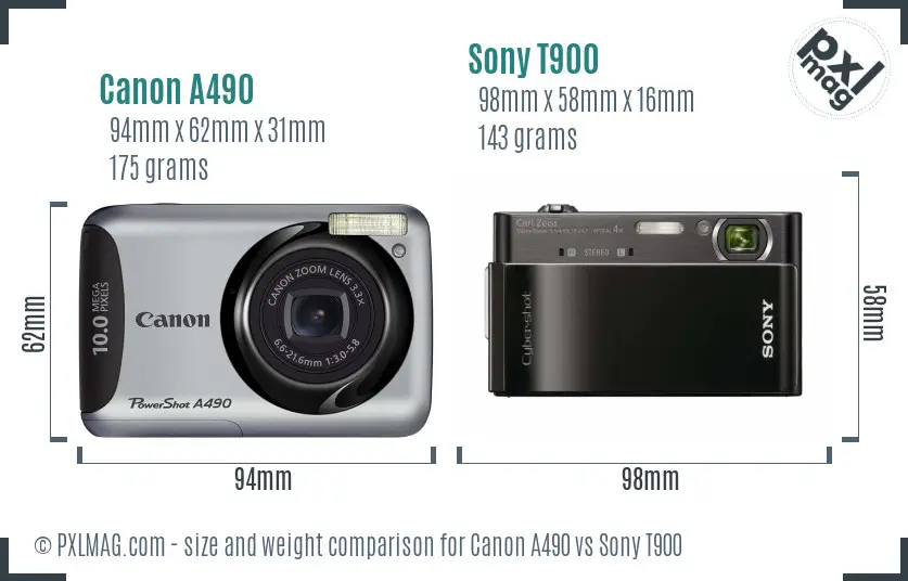 Canon A490 vs Sony T900 size comparison