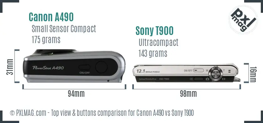 Canon A490 vs Sony T900 top view buttons comparison