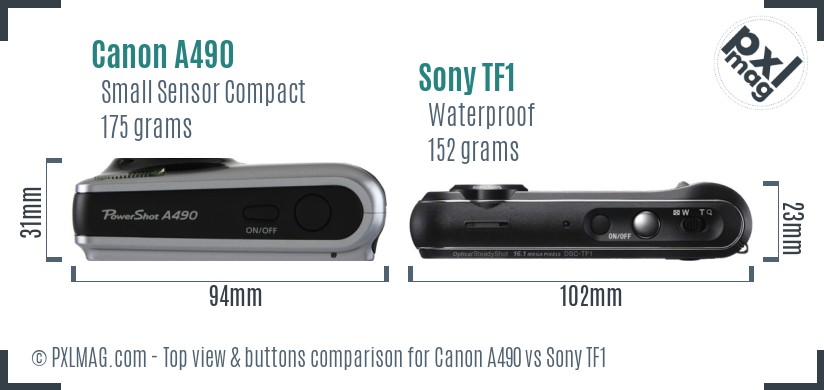 Canon A490 vs Sony TF1 top view buttons comparison