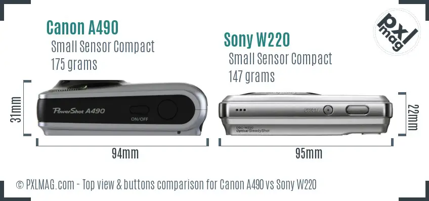 Canon A490 vs Sony W220 top view buttons comparison Canon A490 vs Sony W220 top view buttons comparison