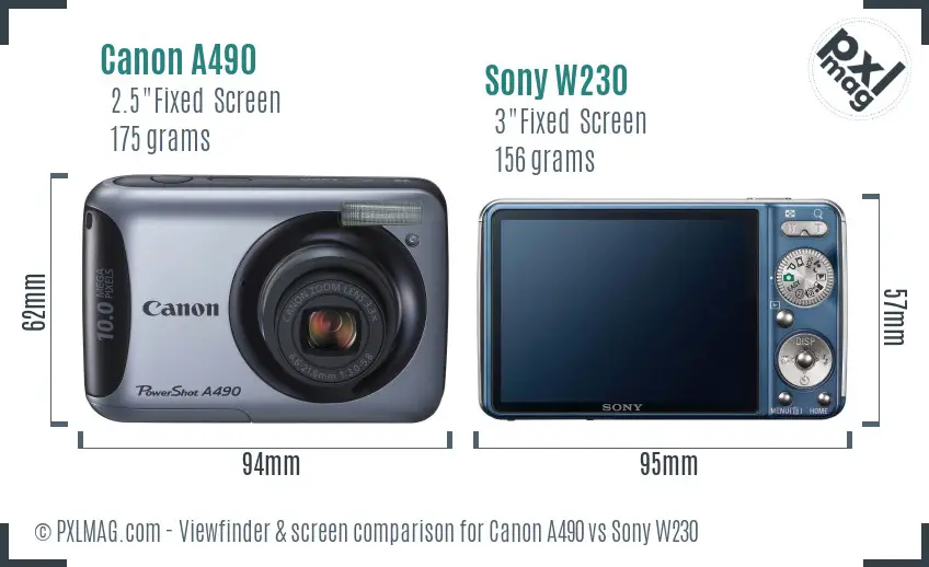 Canon A490 vs Sony W230 Screen and Viewfinder comparison