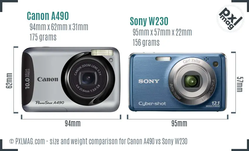 Canon A490 vs Sony W230 size comparison