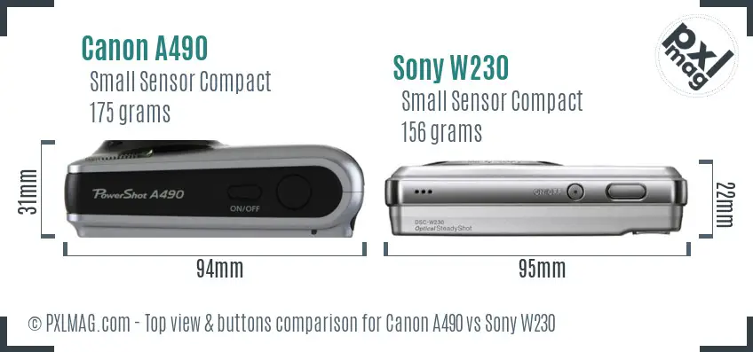 Canon A490 vs Sony W230 top view buttons comparison