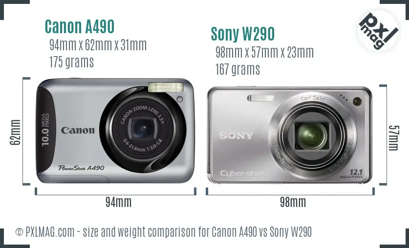 Canon A490 vs Sony W290 size comparison