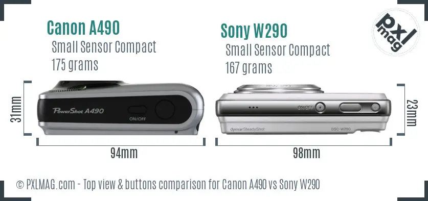 Canon A490 vs Sony W290 top view buttons comparison