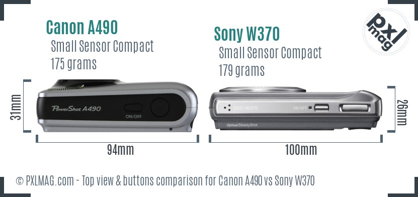 Canon A490 vs Sony W370 top view buttons comparison