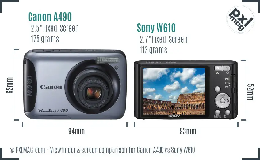 Canon A490 vs Sony W610 Screen and Viewfinder comparison