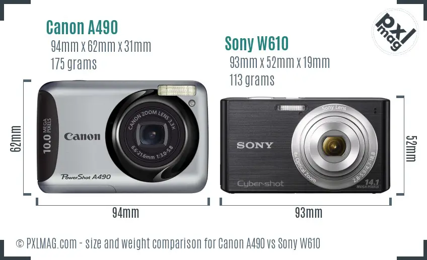 Canon A490 vs Sony W610 size comparison