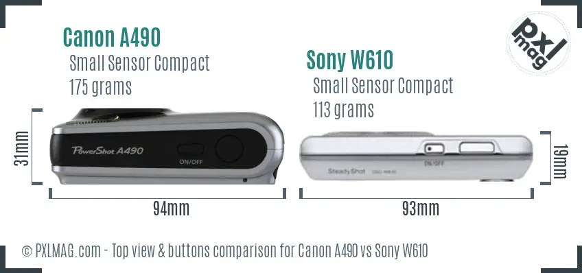 Canon A490 vs Sony W610 top view buttons comparison