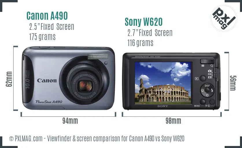 Canon A490 vs Sony W620 Screen and Viewfinder comparison