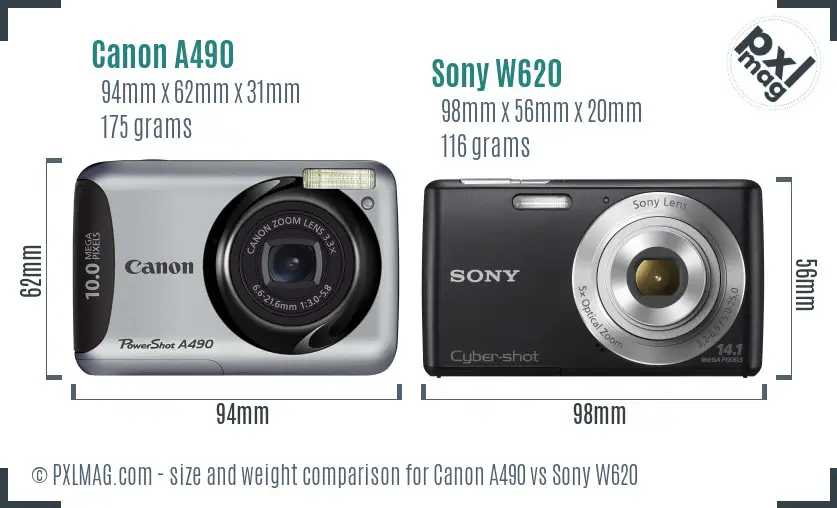 Canon A490 vs Sony W620 size comparison