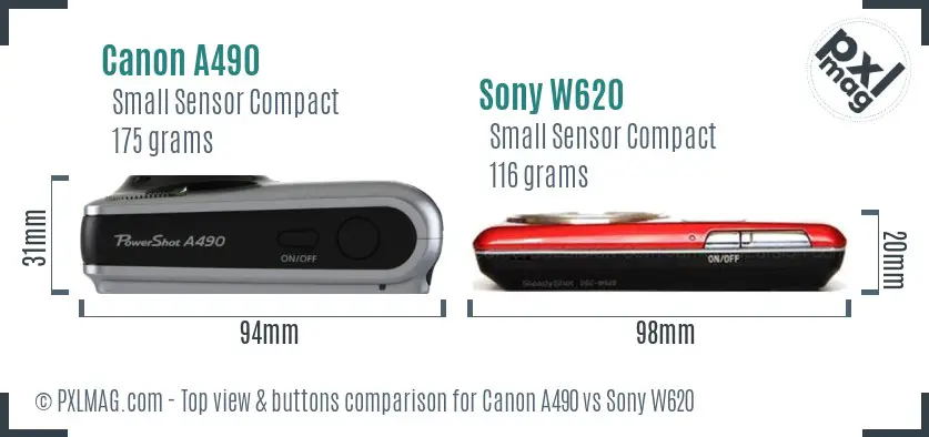Canon A490 vs Sony W620 top view buttons comparison