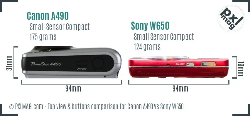 Canon A490 vs Sony W650 top view buttons comparison Canon A490 vs Sony W650 top view buttons comparison