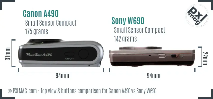 Canon A490 vs Sony W690 top view buttons comparison