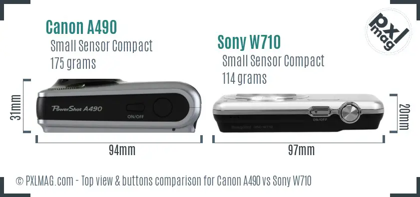 Canon A490 vs Sony W710 top view buttons comparison