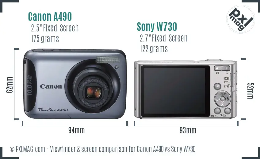 Canon A490 vs Sony W730 Screen and Viewfinder comparison