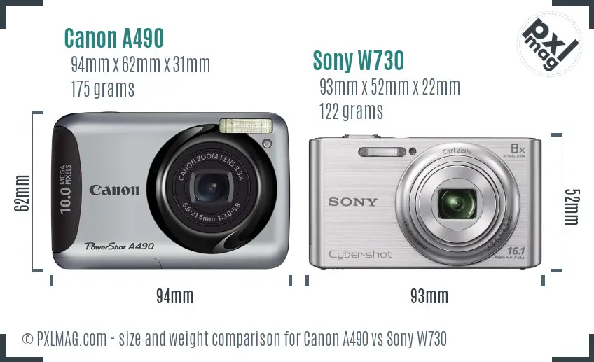 Canon A490 vs Sony W730 size comparison