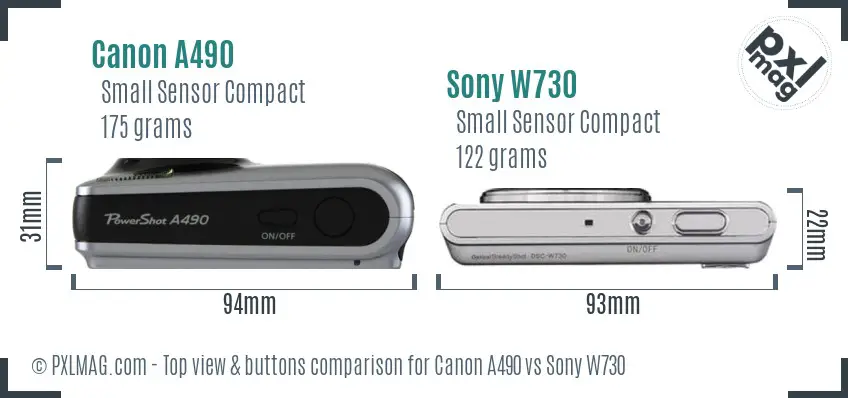 Canon A490 vs Sony W730 top view buttons comparison