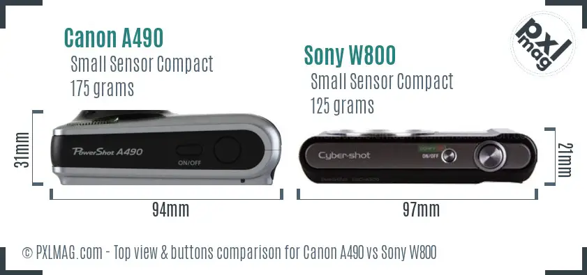 Canon A490 vs Sony W800 top view buttons comparison