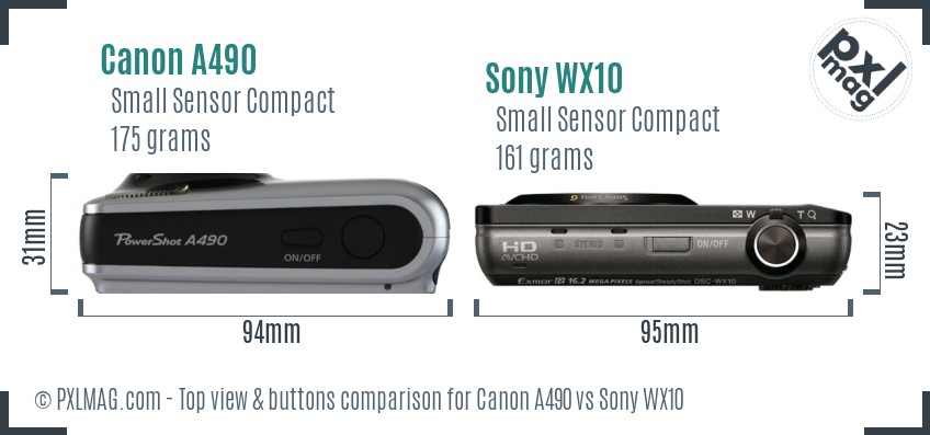 Canon A490 vs Sony WX10 top view buttons comparison