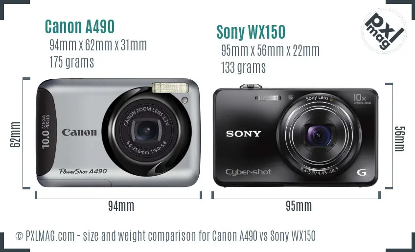 Canon A490 vs Sony WX150 size comparison