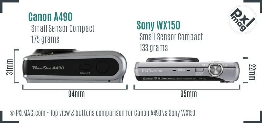 Canon A490 vs Sony WX150 top view buttons comparison