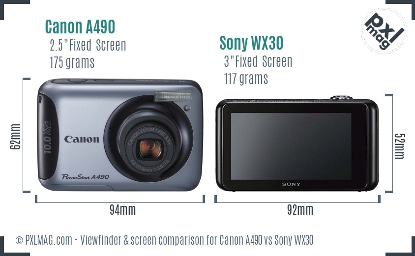 Canon A490 vs Sony WX30 Screen and Viewfinder comparison