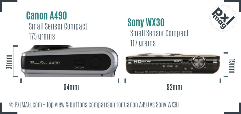 Canon A490 vs Sony WX30 top view buttons comparison