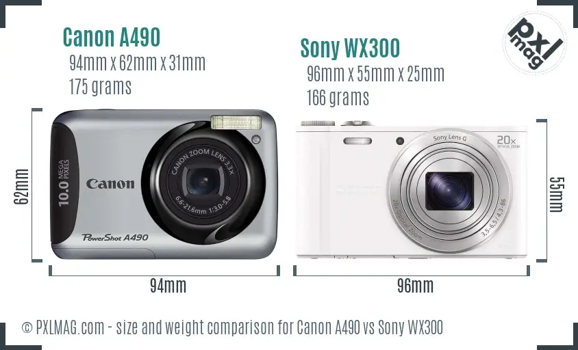 Canon A490 vs Sony WX300 size comparison