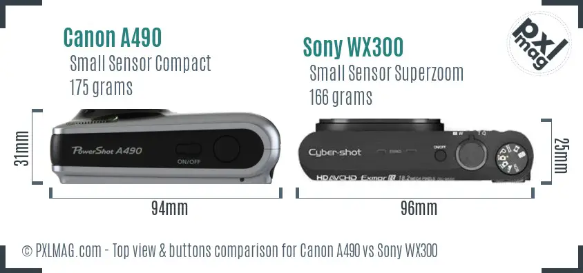 Canon A490 vs Sony WX300 top view buttons comparison