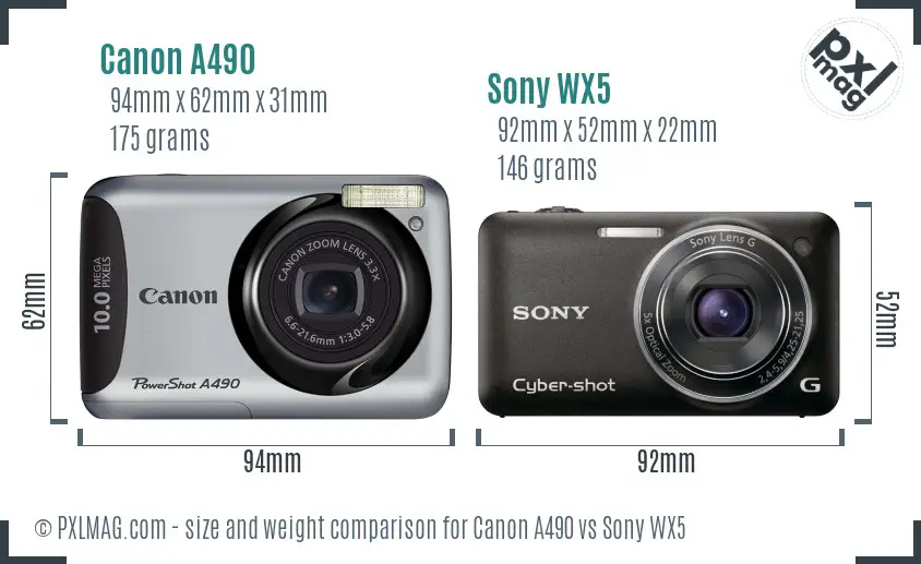 Canon A490 vs Sony WX5 size comparison