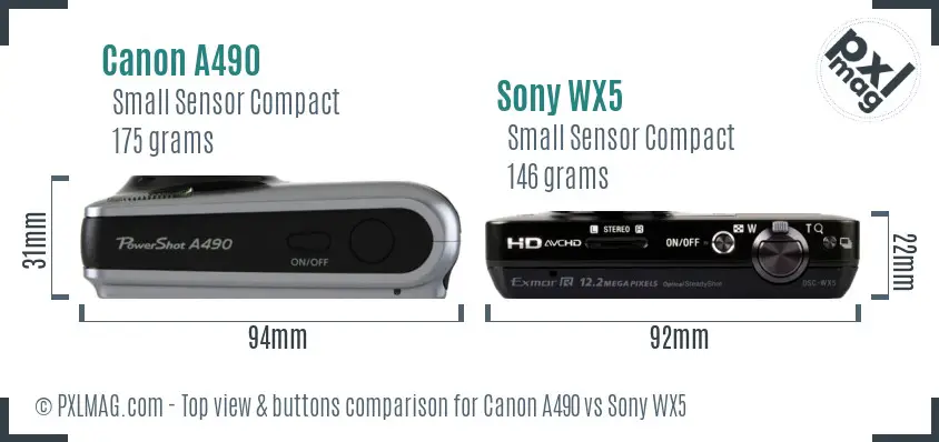 Canon A490 vs Sony WX5 top view buttons comparison
