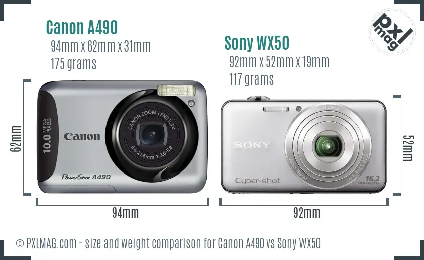 Canon A490 vs Sony WX50 size comparison