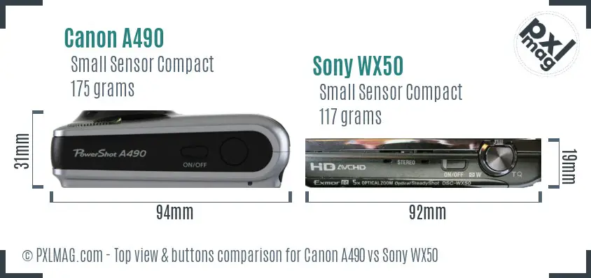 Canon A490 vs Sony WX50 top view buttons comparison
