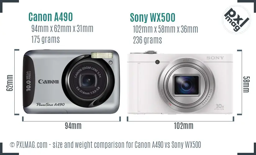 Canon A490 vs Sony WX500 size comparison