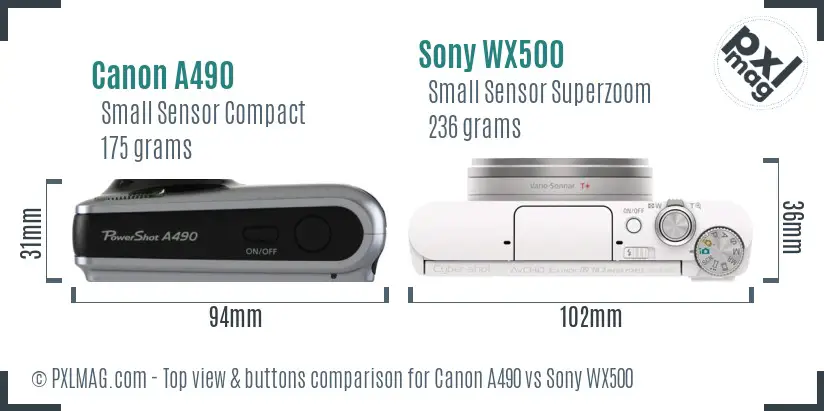 Canon A490 vs Sony WX500 top view buttons comparison