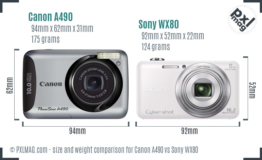 Canon A490 vs Sony WX80 size comparison