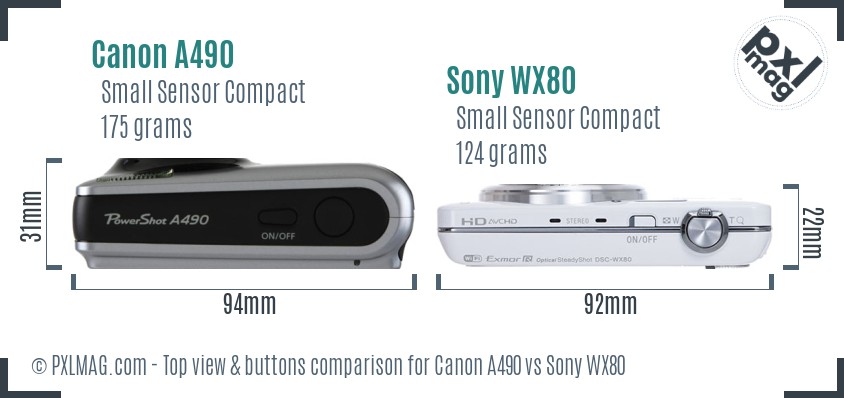 Canon A490 vs Sony WX80 top view buttons comparison