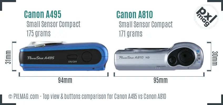 Canon A495 vs Canon A810 top view buttons comparison