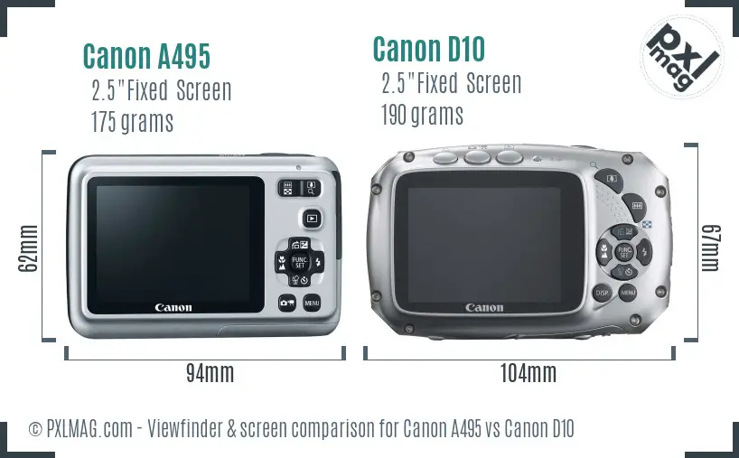 Canon A495 vs Canon D10 Screen and Viewfinder comparison