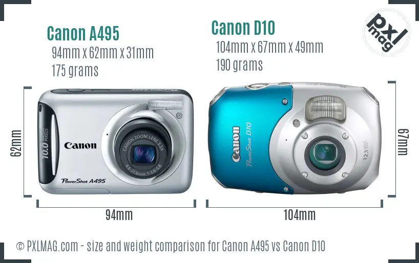 Canon A495 vs Canon D10 size comparison