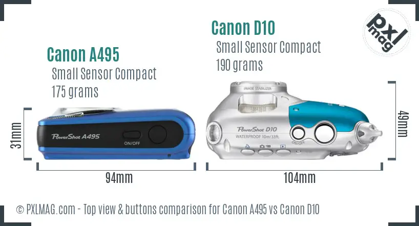 Canon A495 vs Canon D10 top view buttons comparison