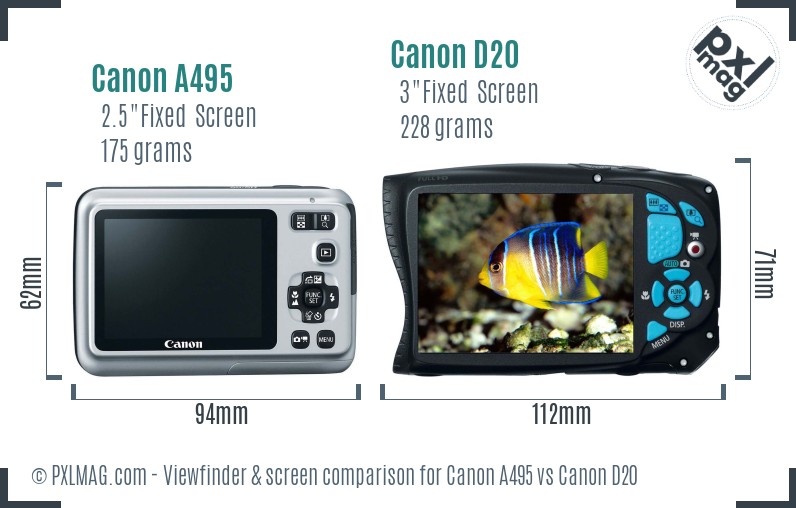 Canon A495 vs Canon D20 Screen and Viewfinder comparison